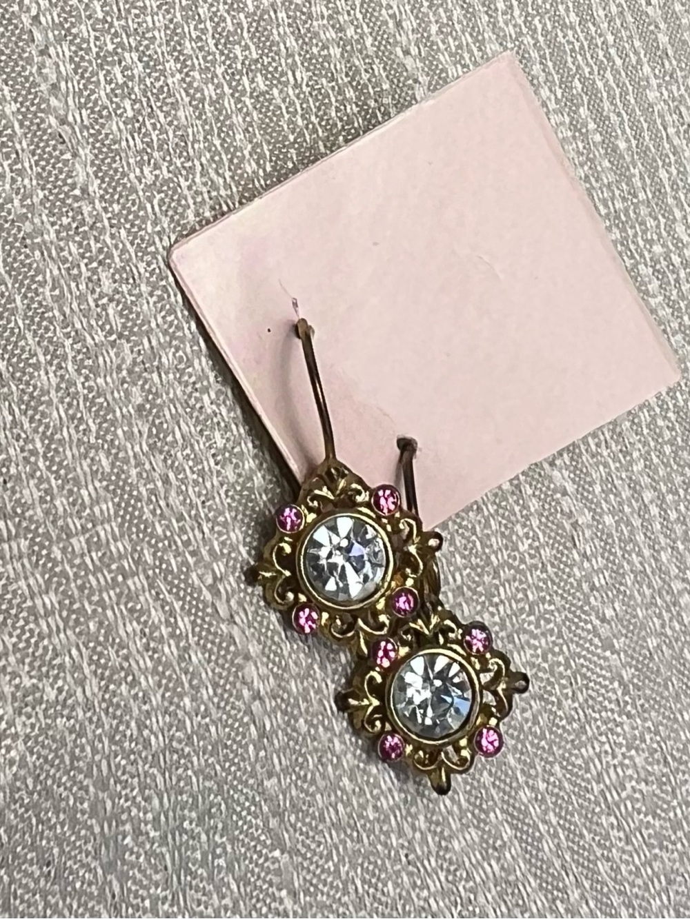 Gold-Tone Floral Drop Earrings with Pink and Clear Crystals
